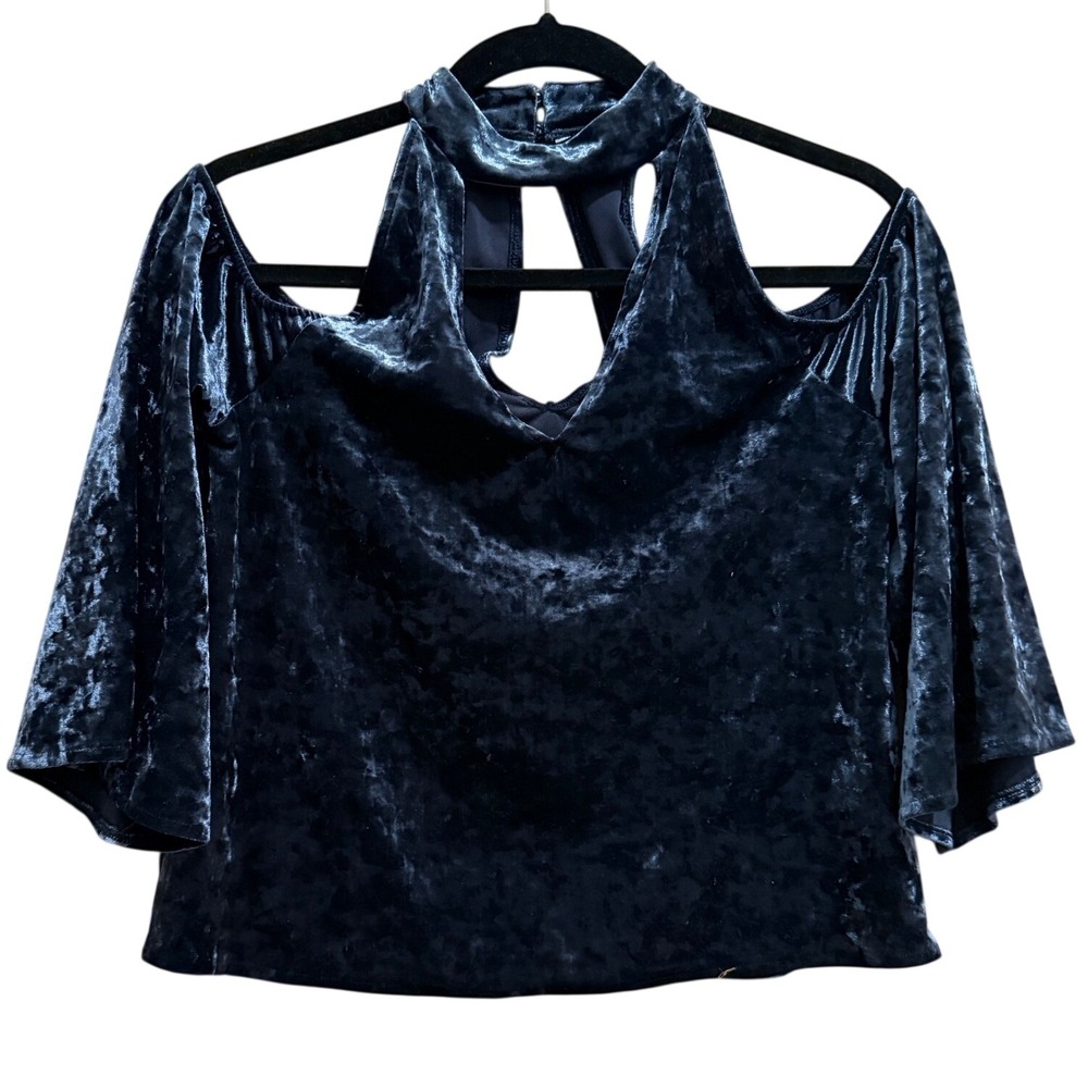 American Eagle Navy Blue Crushed Velvet Cold Shoulder Bell Sleeve Top XXS